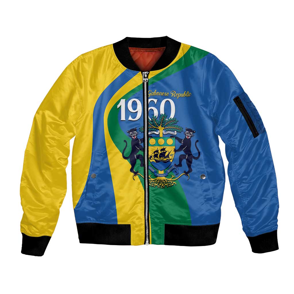 Personalized Gabon Independence Day 1960 Sleeve Zip Bomber Jacket Gabonaise Coat of Arms - Wonder Print Shop