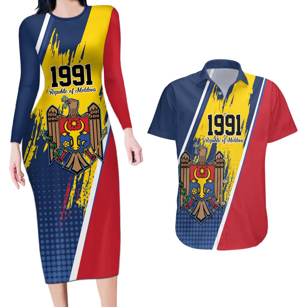 Personalized Moldova Independence Day 1991 Couples Matching Long Sleeve Bodycon Dress and Hawaiian Shirt One People One Nation - Wonder Print Shop