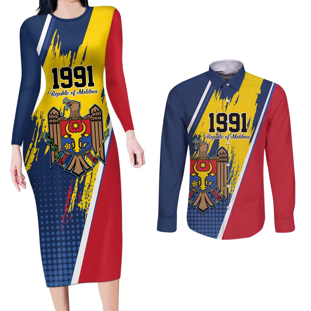 Personalized Moldova Independence Day 1991 Couples Matching Long Sleeve Bodycon Dress and Long Sleeve Button Shirt One People One Nation - Wonder Print Shop