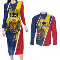 Personalized Moldova Independence Day 1991 Couples Matching Long Sleeve Bodycon Dress and Long Sleeve Button Shirt One People One Nation - Wonder Print Shop