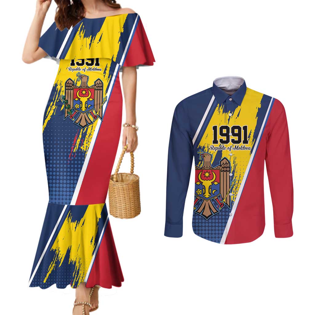 Personalized Moldova Independence Day 1991 Couples Matching Mermaid Dress and Long Sleeve Button Shirt One People One Nation - Wonder Print Shop