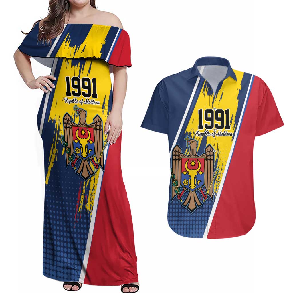 Personalized Moldova Independence Day 1991 Couples Matching Off Shoulder Maxi Dress and Hawaiian Shirt One People One Nation - Wonder Print Shop
