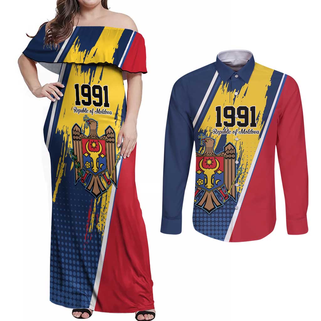 Personalized Moldova Independence Day 1991 Couples Matching Off Shoulder Maxi Dress and Long Sleeve Button Shirt One People One Nation - Wonder Print Shop