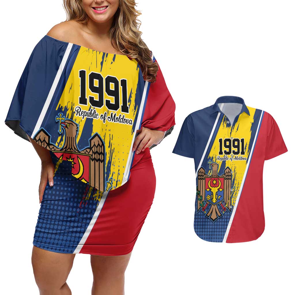 Personalized Moldova Independence Day 1991 Couples Matching Off Shoulder Short Dress and Hawaiian Shirt One People One Nation - Wonder Print Shop