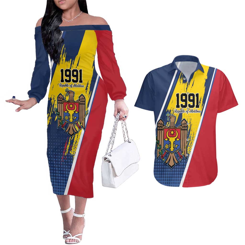 Personalized Moldova Independence Day 1991 Couples Matching Off The Shoulder Long Sleeve Dress and Hawaiian Shirt One People One Nation - Wonder Print Shop
