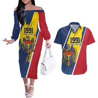 Personalized Moldova Independence Day 1991 Couples Matching Off The Shoulder Long Sleeve Dress and Hawaiian Shirt One People One Nation - Wonder Print Shop