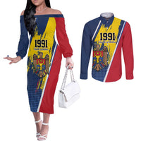 Personalized Moldova Independence Day 1991 Couples Matching Off The Shoulder Long Sleeve Dress and Long Sleeve Button Shirt One People One Nation - Wonder Print Shop