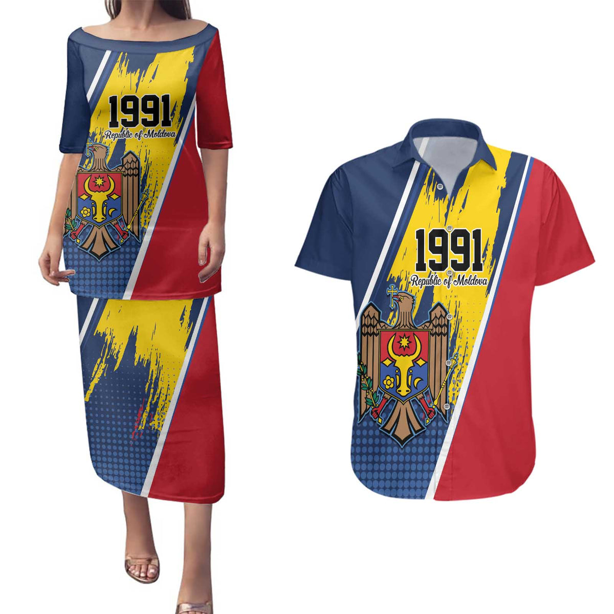 Personalized Moldova Independence Day 1991 Couples Matching Puletasi and Hawaiian Shirt One People One Nation - Wonder Print Shop