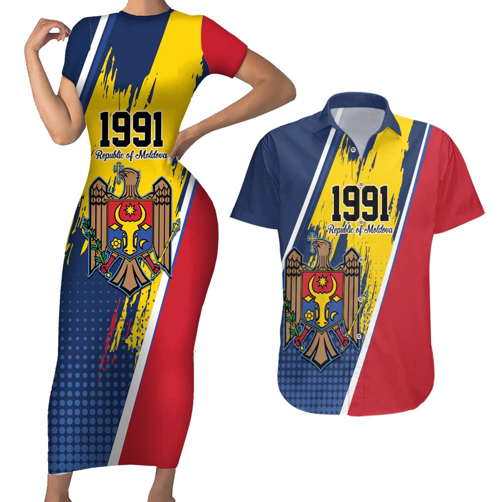 Personalized Moldova Independence Day 1991 Couples Matching Short Sleeve Bodycon Dress and Hawaiian Shirt One People One Nation - Wonder Print Shop