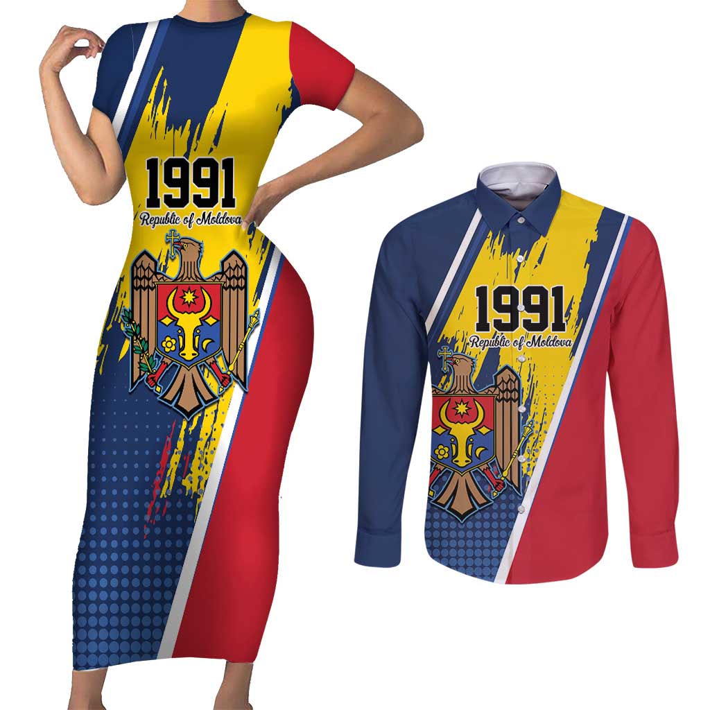 Personalized Moldova Independence Day 1991 Couples Matching Short Sleeve Bodycon Dress and Long Sleeve Button Shirt One People One Nation - Wonder Print Shop