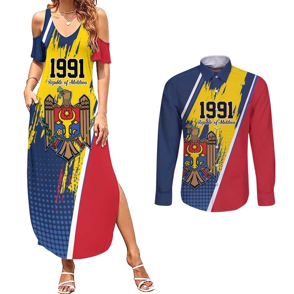 Personalized Moldova Independence Day 1991 Couples Matching Summer Maxi Dress and Long Sleeve Button Shirt One People One Nation - Wonder Print Shop