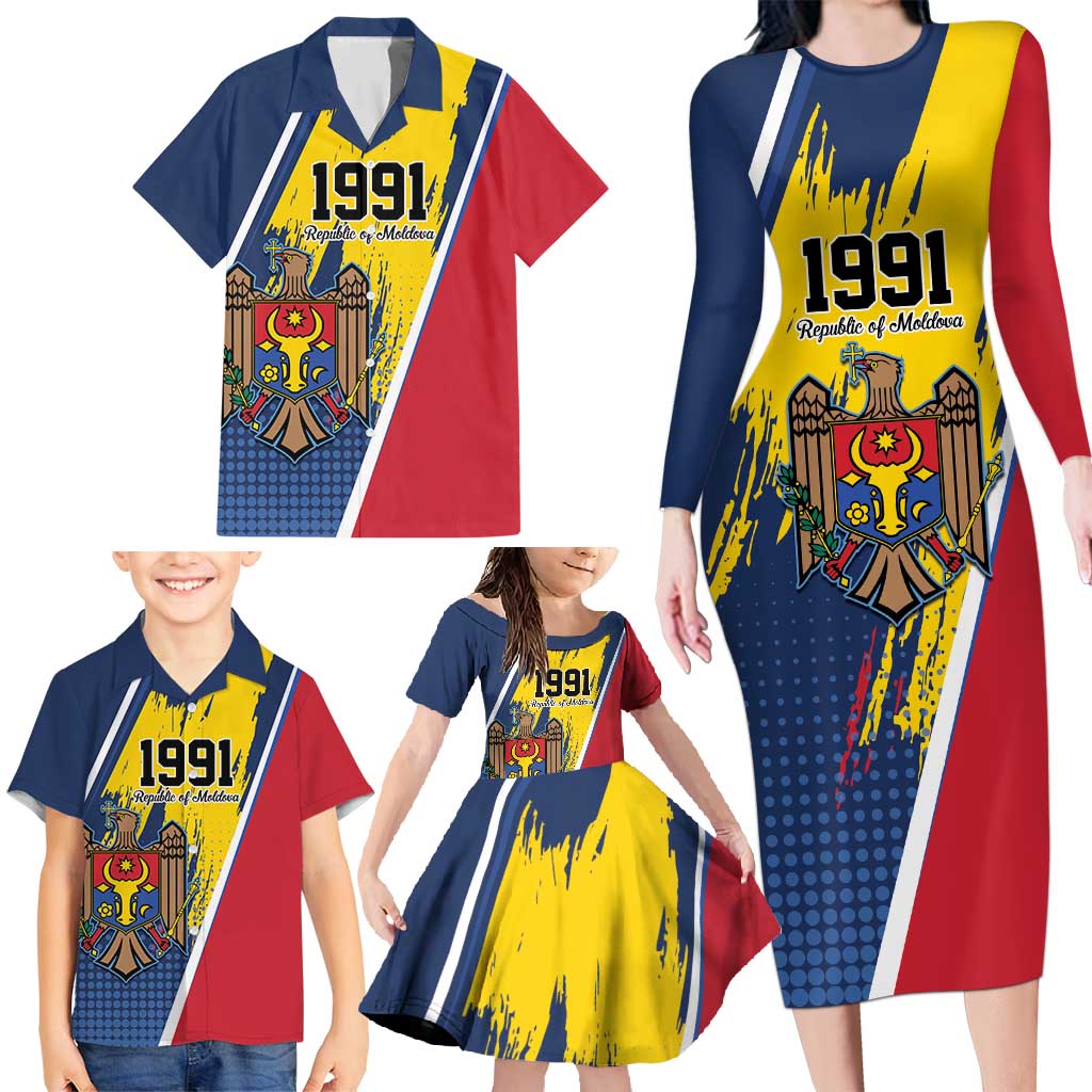 Personalized Moldova Independence Day 1991 Family Matching Long Sleeve Bodycon Dress and Hawaiian Shirt One People One Nation - Wonder Print Shop
