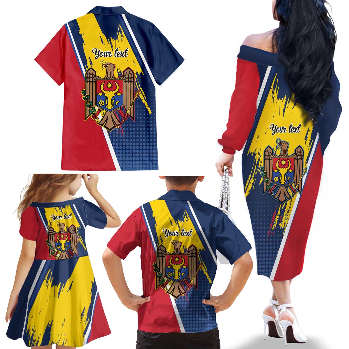 Personalized Moldova Independence Day 1991 Family Matching Off The Shoulder Long Sleeve Dress and Hawaiian Shirt One People One Nation - Wonder Print Shop