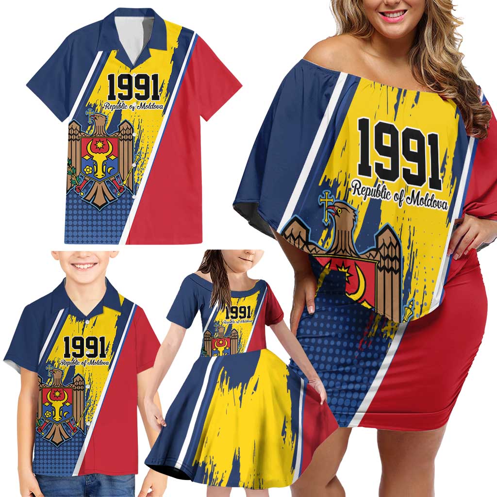 Personalized Moldova Independence Day 1991 Family Matching Off Shoulder Short Dress and Hawaiian Shirt One People One Nation - Wonder Print Shop