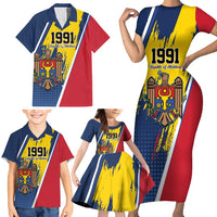 Personalized Moldova Independence Day 1991 Family Matching Short Sleeve Bodycon Dress and Hawaiian Shirt One People One Nation - Wonder Print Shop