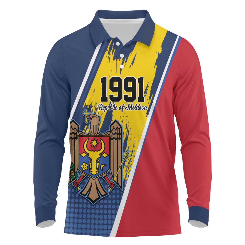 Personalized Moldova Independence Day 1991 Long Sleeve Polo Shirt One People One Nation - Wonder Print Shop