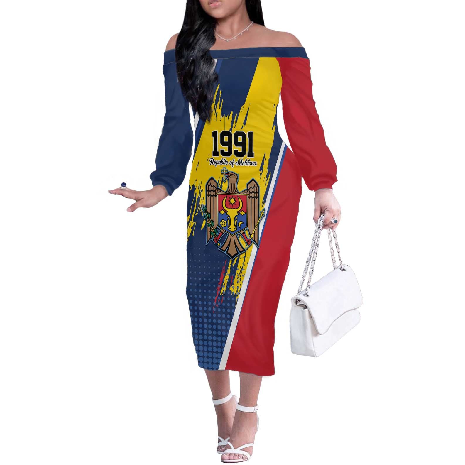 Personalized Moldova Independence Day 1991 Off The Shoulder Long Sleeve Dress One People One Nation - Wonder Print Shop