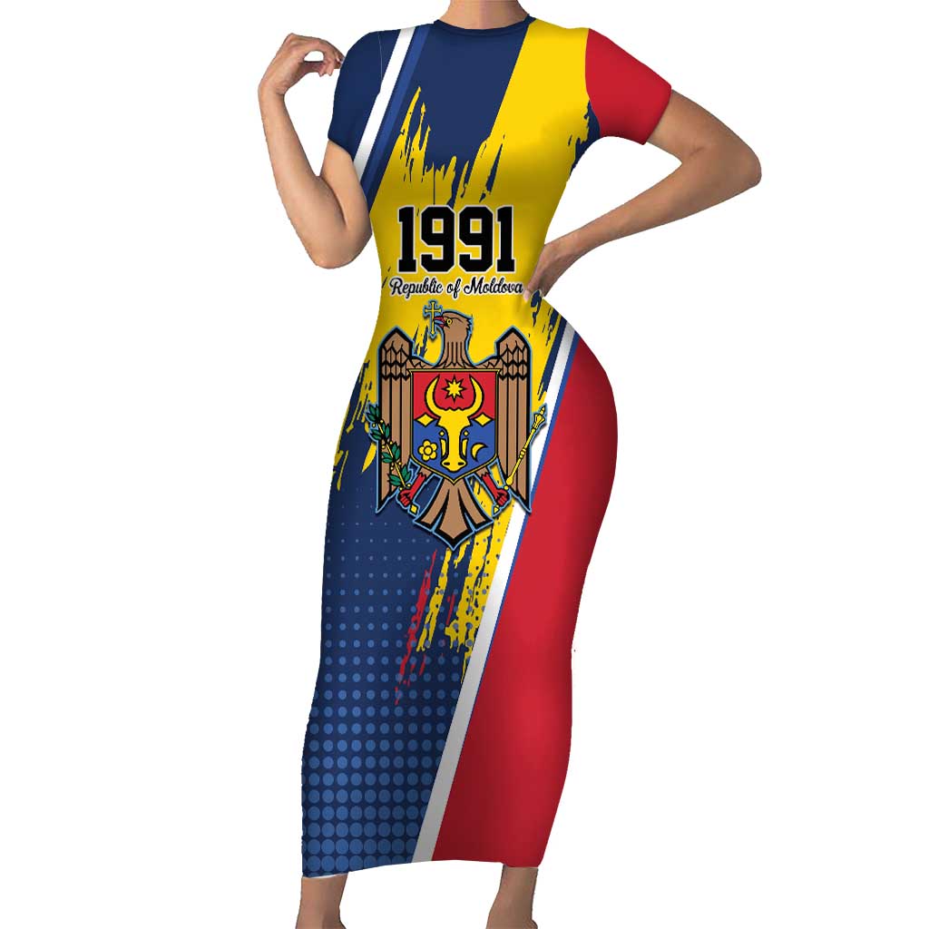 Personalized Moldova Independence Day 1991 Short Sleeve Bodycon Dress One People One Nation - Wonder Print Shop