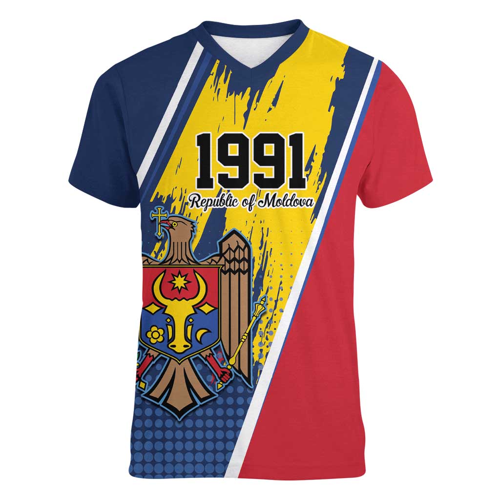 Personalized Moldova Independence Day 1991 Women V-Neck T-Shirt One People One Nation - Wonder Print Shop