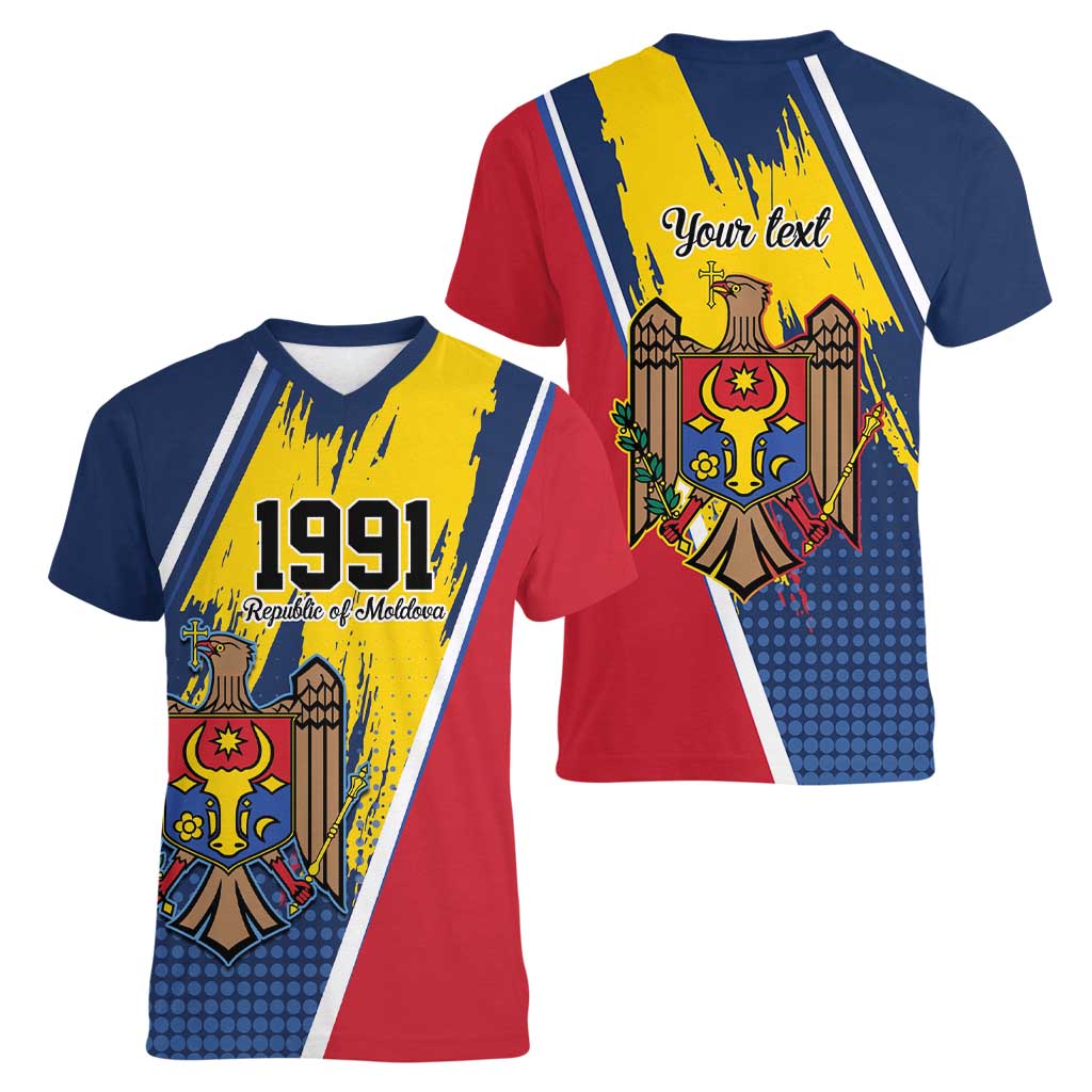 Personalized Moldova Independence Day 1991 Women V-Neck T-Shirt One People One Nation - Wonder Print Shop