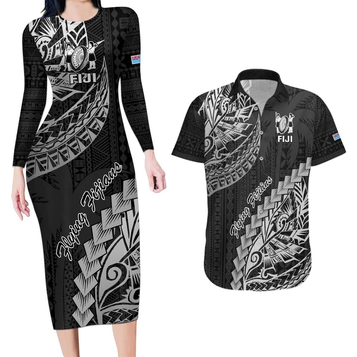 Fiji Rugby Couples Matching Long Sleeve Bodycon Dress and Hawaiian Shirt Kaiviti Fijian Tribal World Cup Black LT9 - Wonder Print Shop