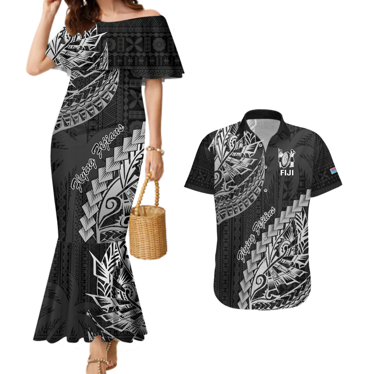 Fiji Rugby Couples Matching Mermaid Dress and Hawaiian Shirt Kaiviti Fijian Tribal World Cup Black LT9 - Wonder Print Shop