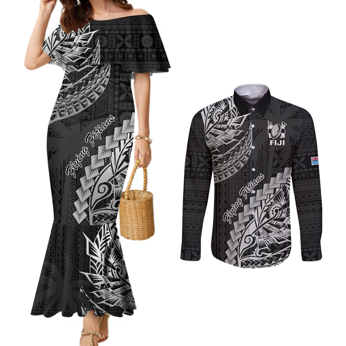 fiji-rugby-couples-matching-mermaid-dress-and-long-sleeve-button-shirt-kaiviti-fijian-tribal-world-cup-black
