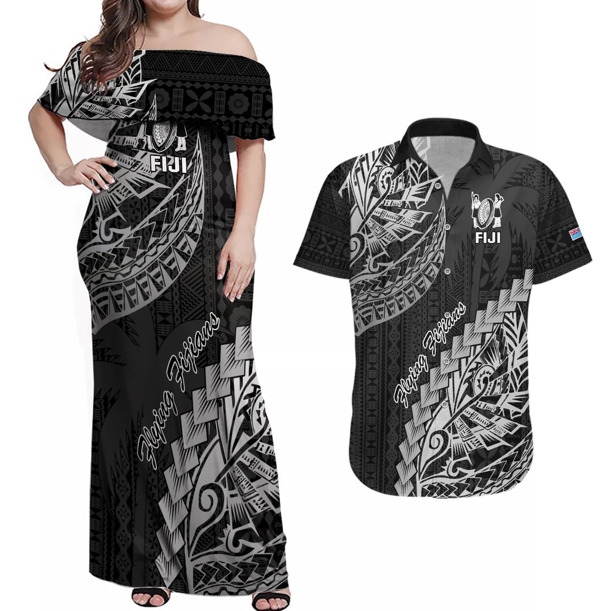 Fiji Rugby Couples Matching Off Shoulder Maxi Dress and Hawaiian Shirt Kaiviti Fijian Tribal World Cup Black LT9 - Wonder Print Shop