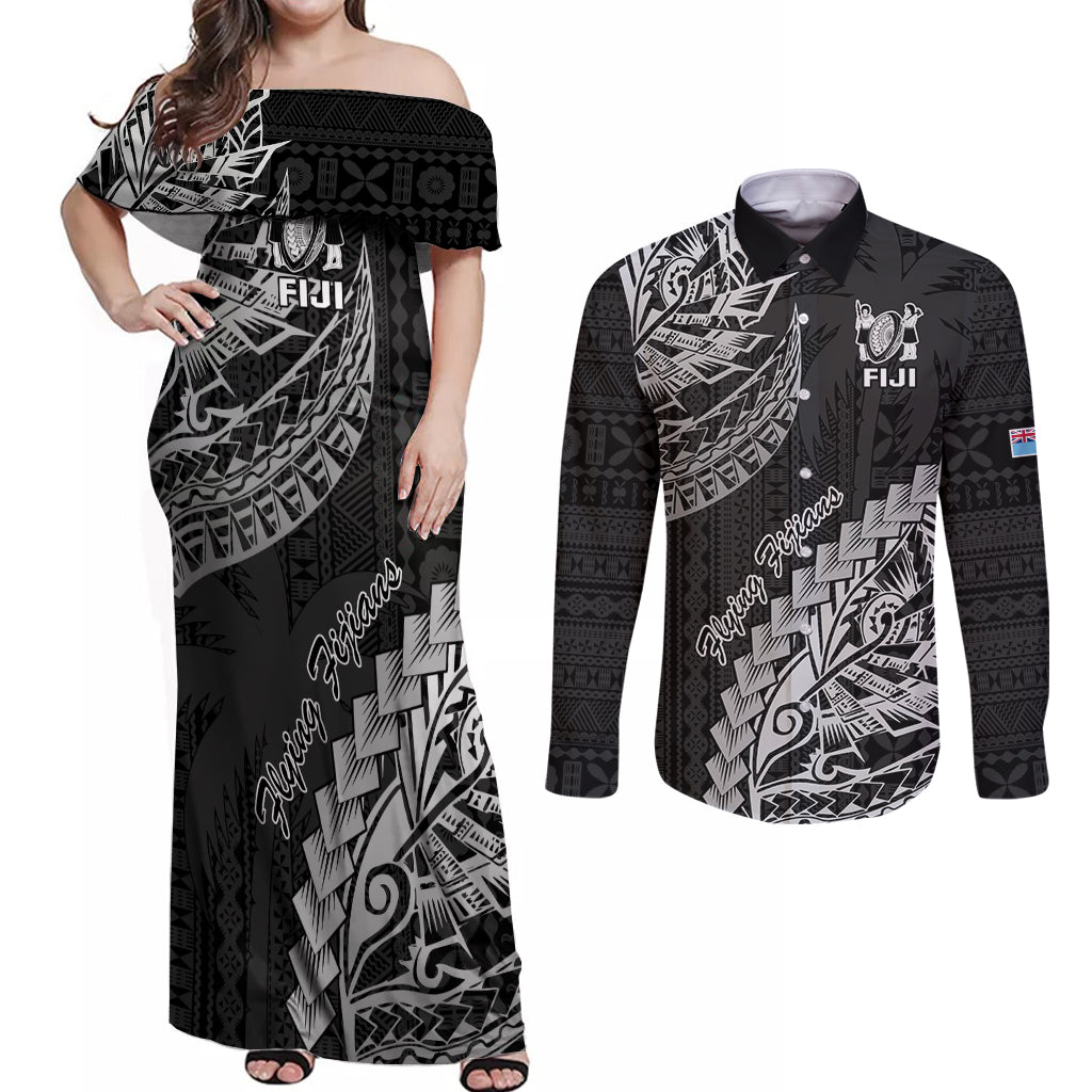 Fiji Rugby Couples Matching Off Shoulder Maxi Dress and Long Sleeve Button Shirt Kaiviti Fijian Tribal World Cup Black LT9 - Wonder Print Shop