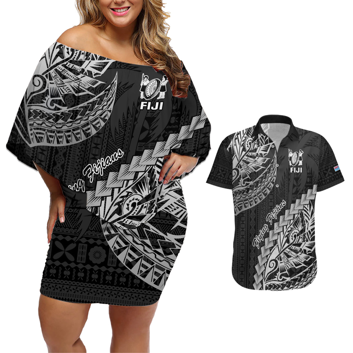 Fiji Rugby Couples Matching Off Shoulder Short Dress and Hawaiian Shirt Kaiviti Fijian Tribal World Cup Black LT9 - Wonder Print Shop