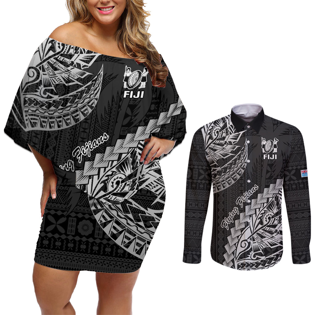Fiji Rugby Couples Matching Off Shoulder Short Dress and Long Sleeve Button Shirt Kaiviti Fijian Tribal World Cup Black LT9 - Wonder Print Shop