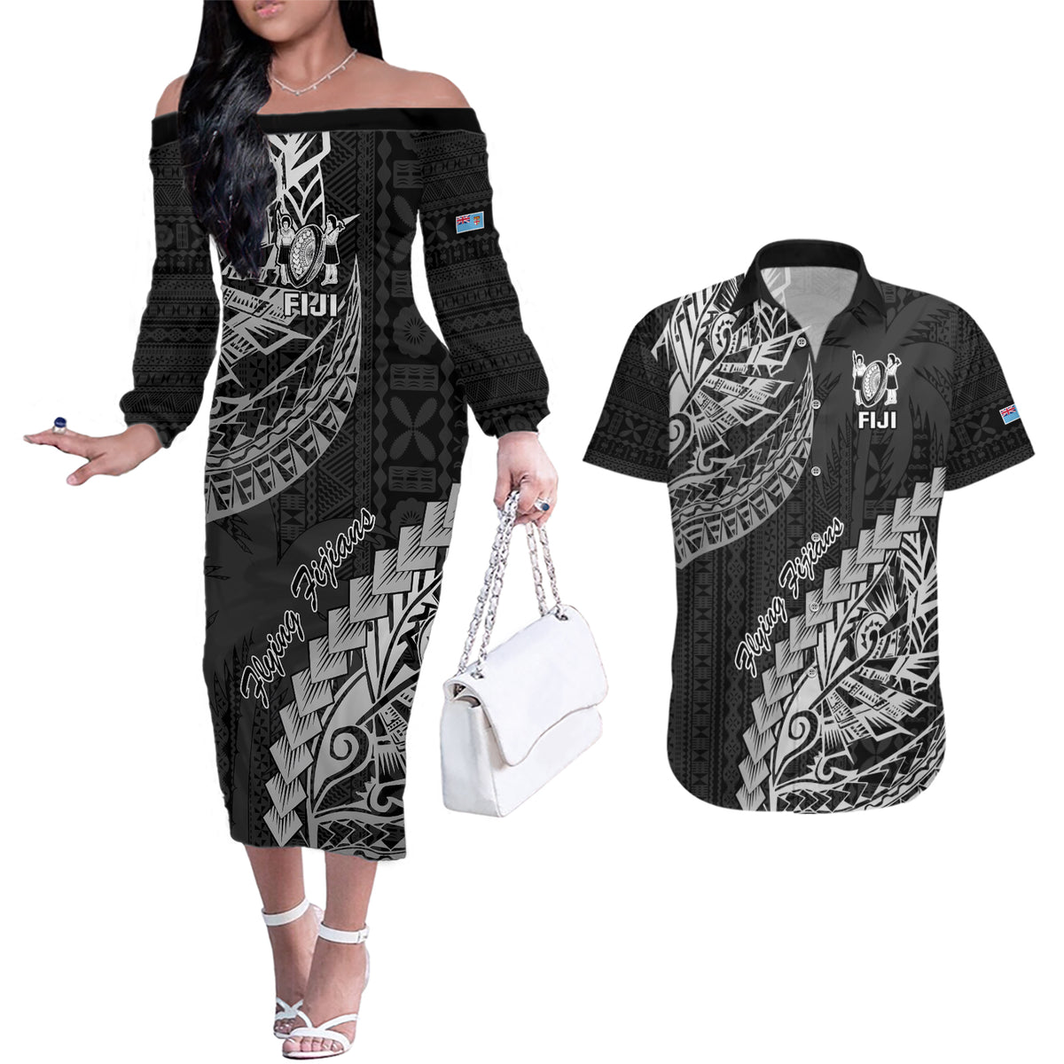 Fiji Rugby Couples Matching Off The Shoulder Long Sleeve Dress and Hawaiian Shirt Kaiviti Fijian Tribal World Cup Black LT9 - Wonder Print Shop