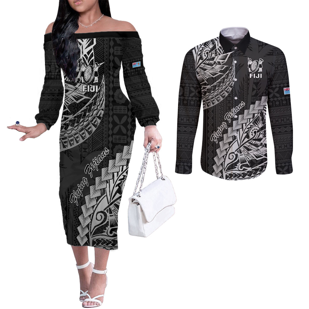 fiji-rugby-couples-matching-off-the-shoulder-long-sleeve-dress-and-long-sleeve-button-shirt-kaiviti-fijian-tribal-world-cup-black