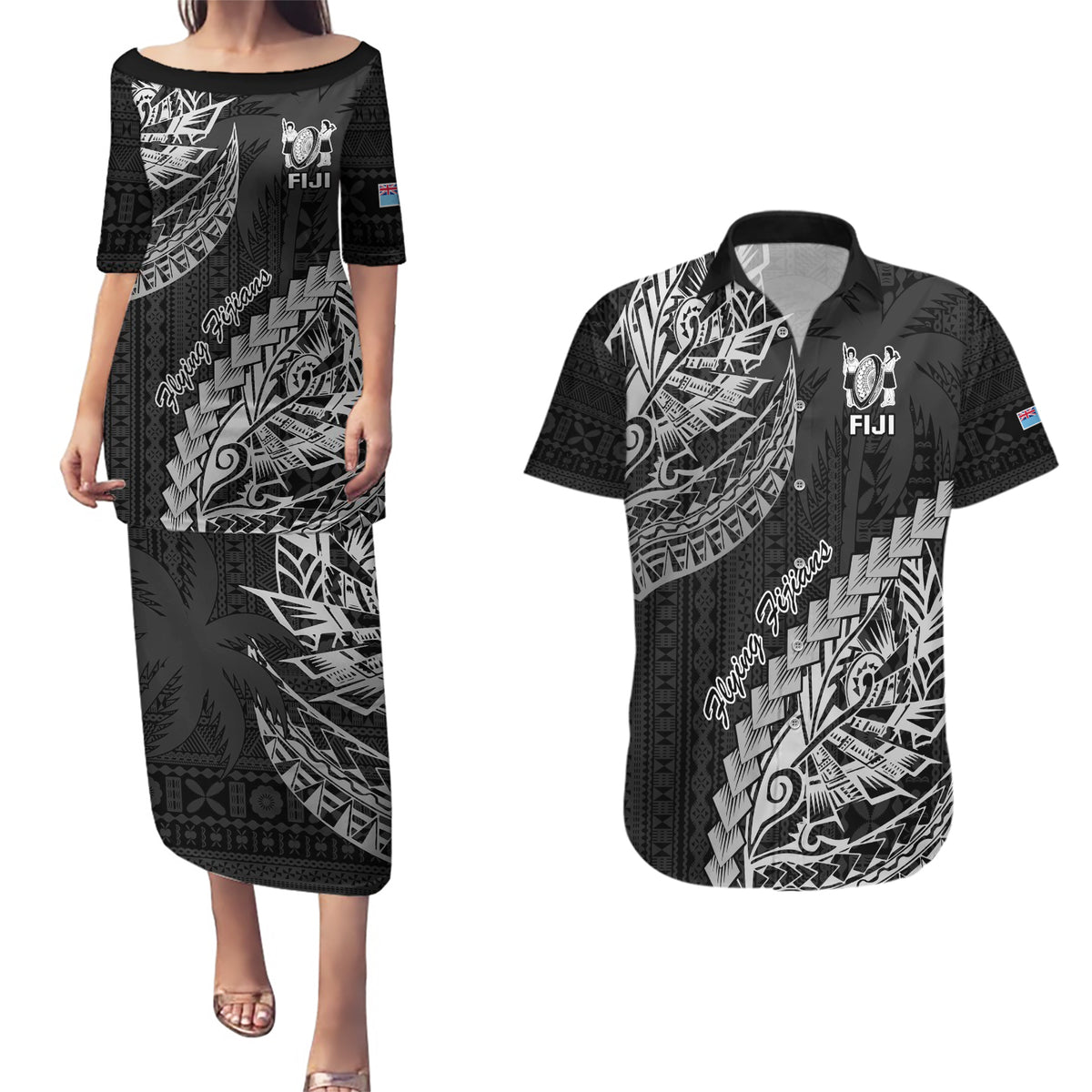 Fiji Rugby Couples Matching Puletasi Dress and Hawaiian Shirt Kaiviti Fijian Tribal World Cup Black LT9 - Wonder Print Shop
