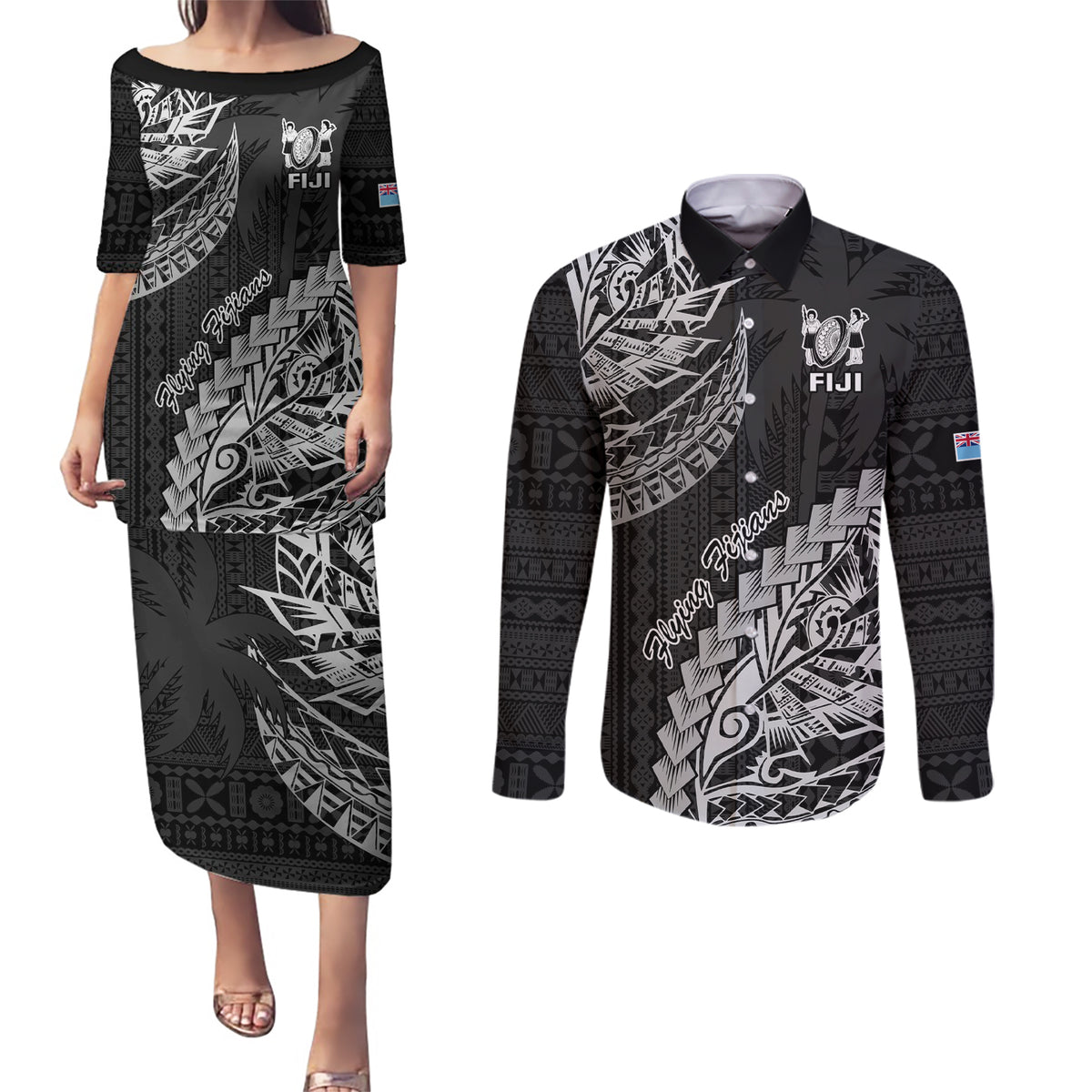 Fiji Rugby Couples Matching Puletasi Dress and Long Sleeve Button Shirt Kaiviti Fijian Tribal World Cup Black LT9 - Wonder Print Shop