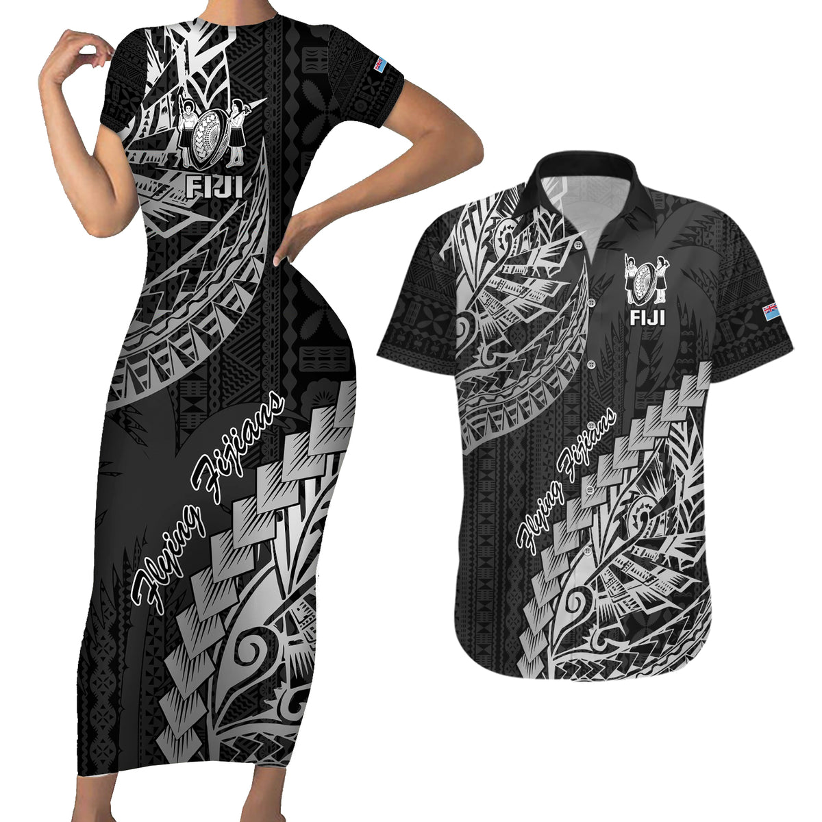 Fiji Rugby Couples Matching Short Sleeve Bodycon Dress and Hawaiian Shirt Kaiviti Fijian Tribal World Cup Black LT9 - Wonder Print Shop