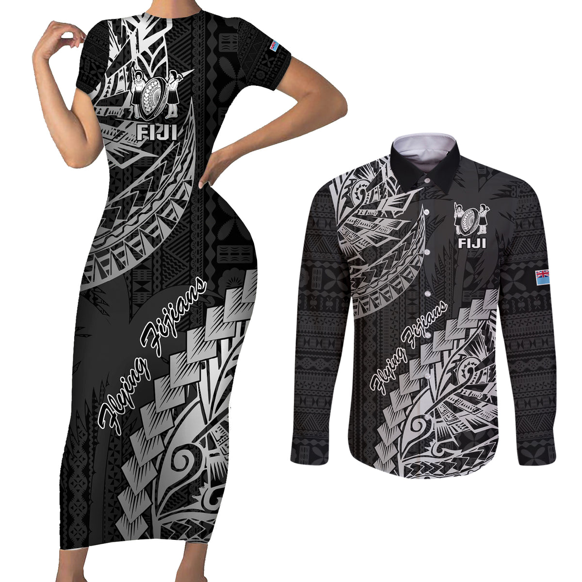 Fiji Rugby Couples Matching Short Sleeve Bodycon Dress and Long Sleeve Button Shirt Kaiviti Fijian Tribal World Cup Black LT9 - Wonder Print Shop