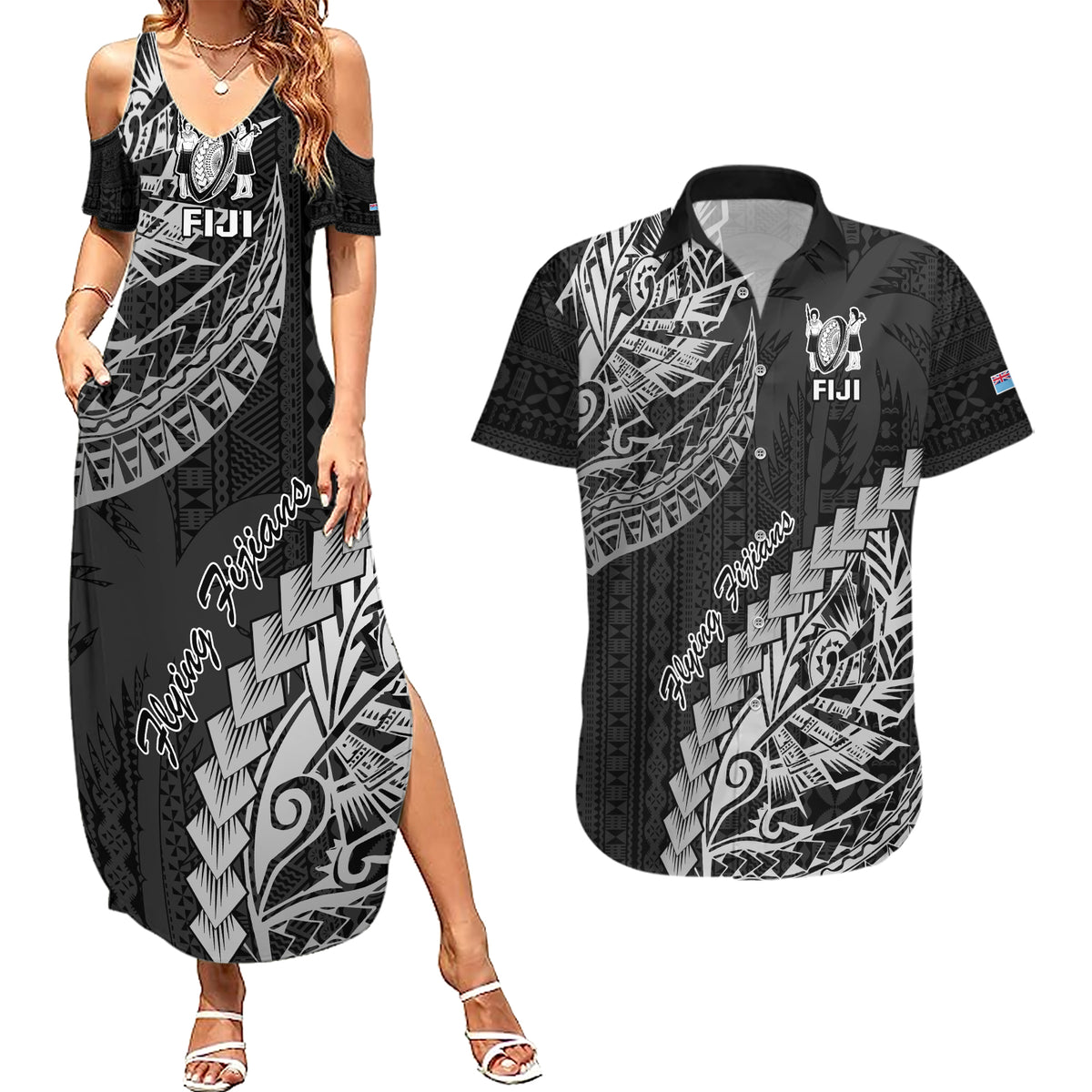 Fiji Rugby Couples Matching Summer Maxi Dress and Hawaiian Shirt Kaiviti Fijian Tribal World Cup Black LT9 - Wonder Print Shop