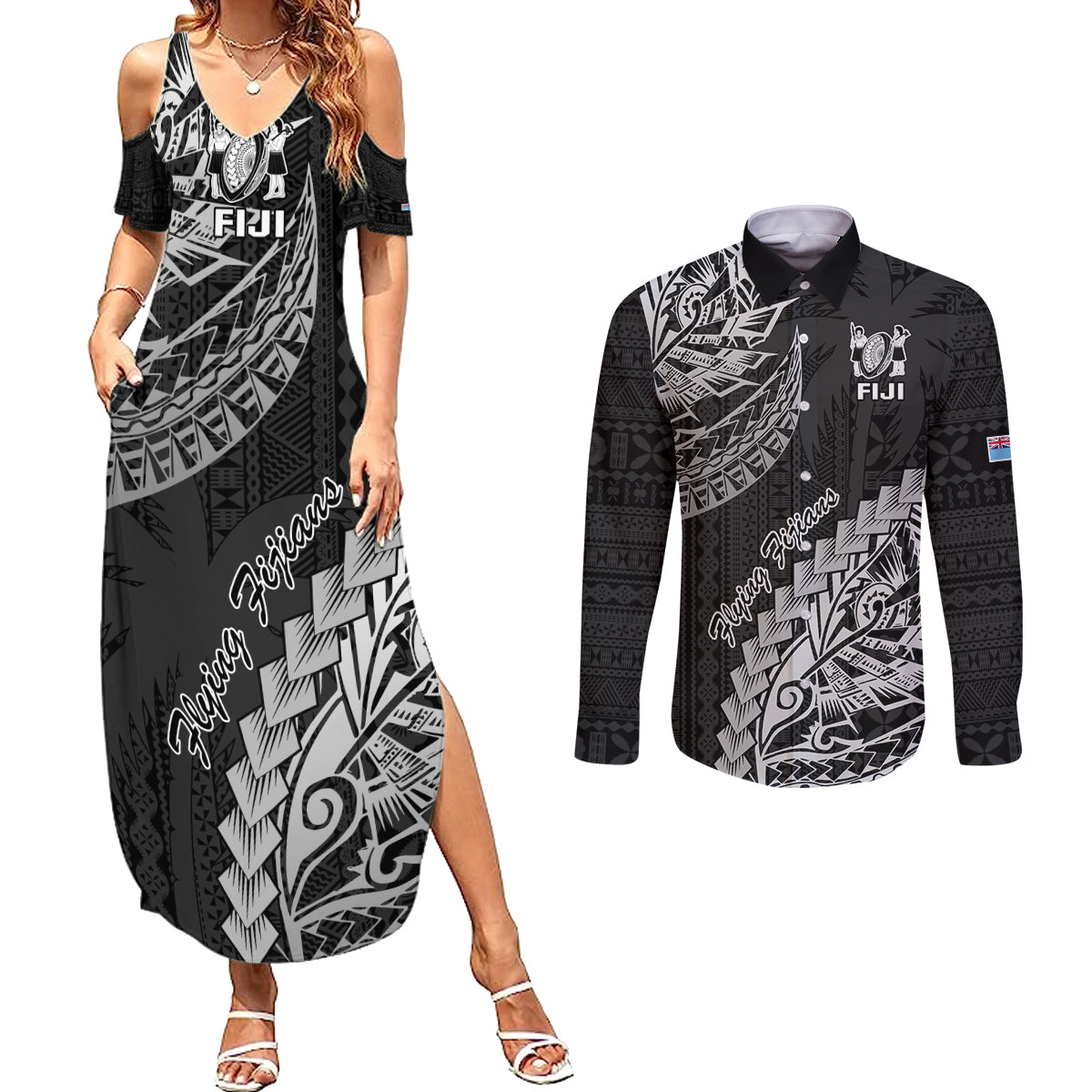 Fiji Rugby Couples Matching Summer Maxi Dress and Long Sleeve Button Shirt Kaiviti Fijian Tribal World Cup Black LT9 - Wonder Print Shop
