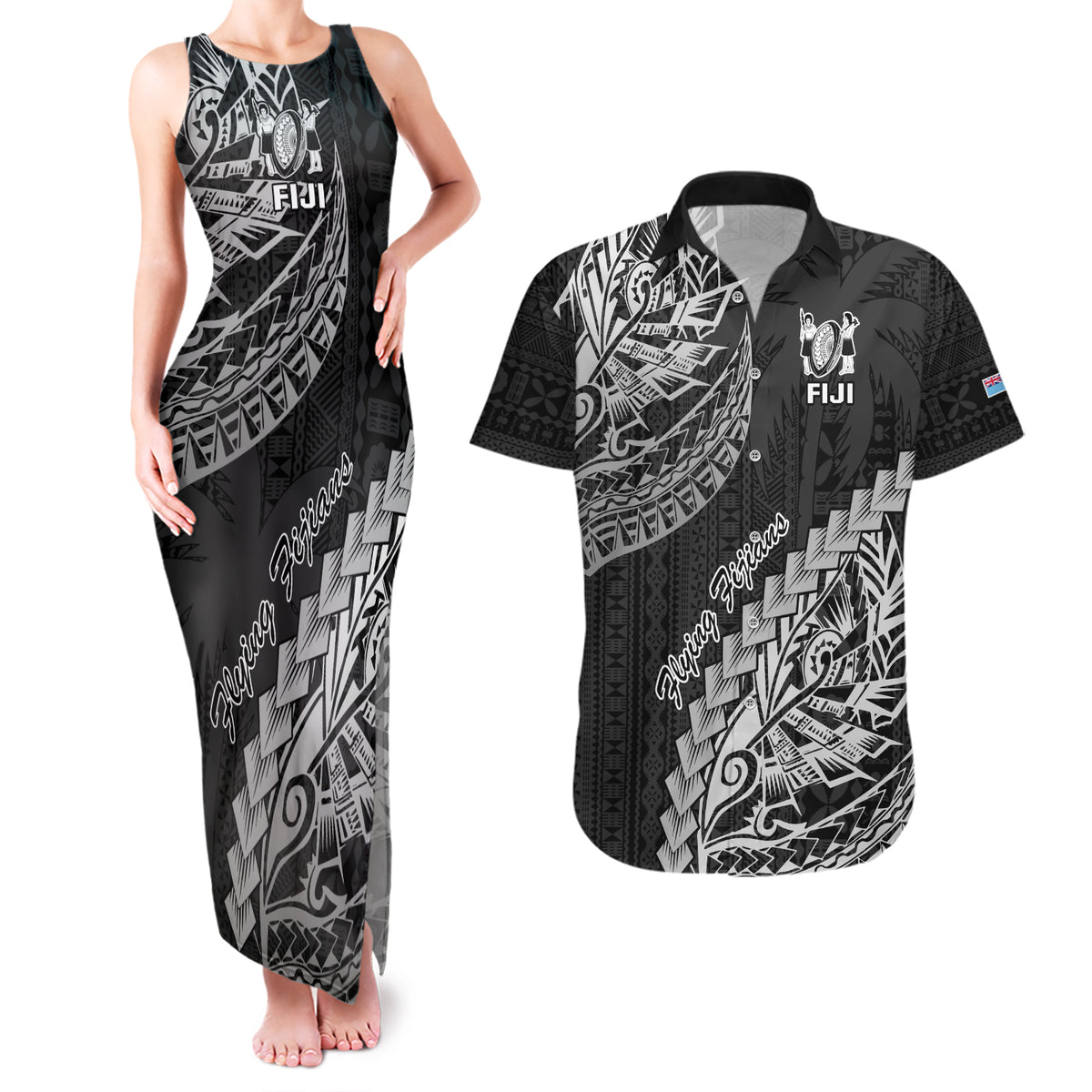 Fiji Rugby Couples Matching Tank Maxi Dress and Hawaiian Shirt Kaiviti Fijian Tribal World Cup Black LT9 - Wonder Print Shop