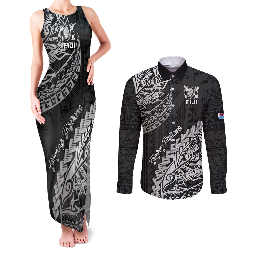 Fiji Rugby Couples Matching Tank Maxi Dress and Long Sleeve Button Shirt Kaiviti Fijian Tribal World Cup Black LT9 - Wonder Print Shop