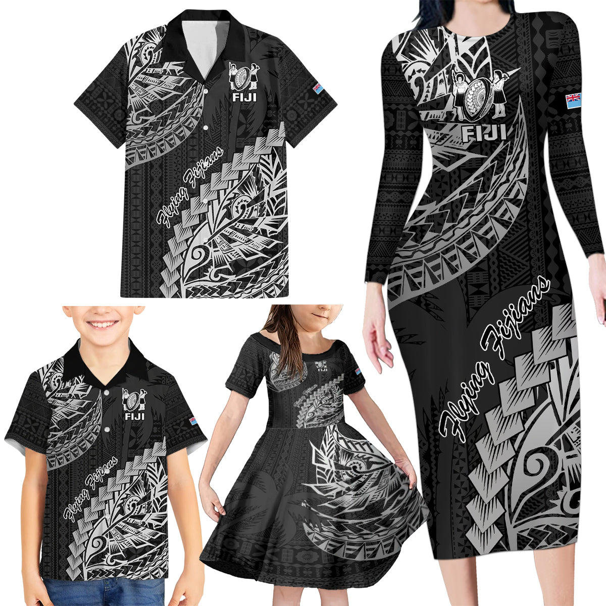 Fiji Rugby Family Matching Long Sleeve Bodycon Dress and Hawaiian Shirt Kaiviti Fijian Tribal World Cup Black LT9 - Wonder Print Shop