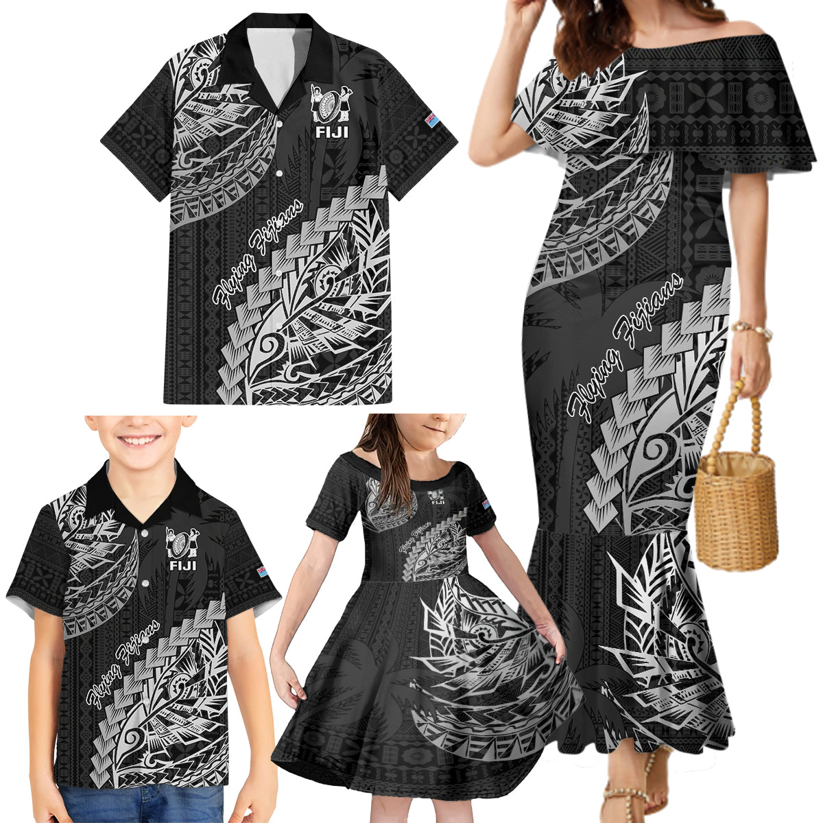 Fiji Rugby Family Matching Mermaid Dress and Hawaiian Shirt Kaiviti Fijian Tribal World Cup Black LT9 - Wonder Print Shop