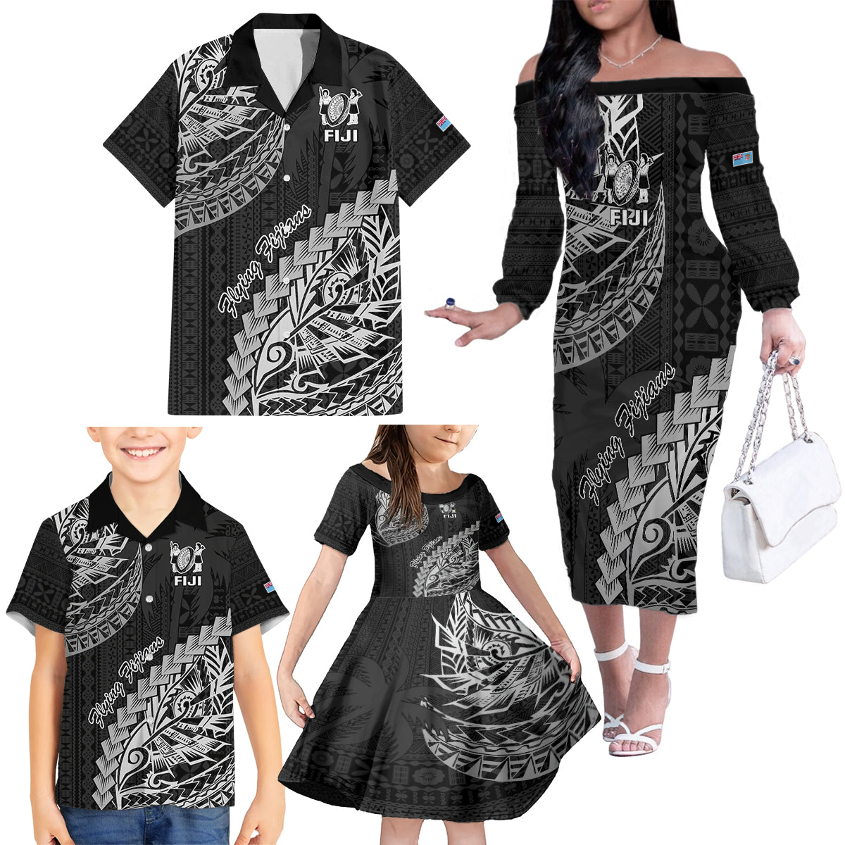Fiji Rugby Family Matching Off Shoulder Long Sleeve Dress and Hawaiian Shirt Kaiviti Fijian Tribal World Cup Black - Wonder Print Shop