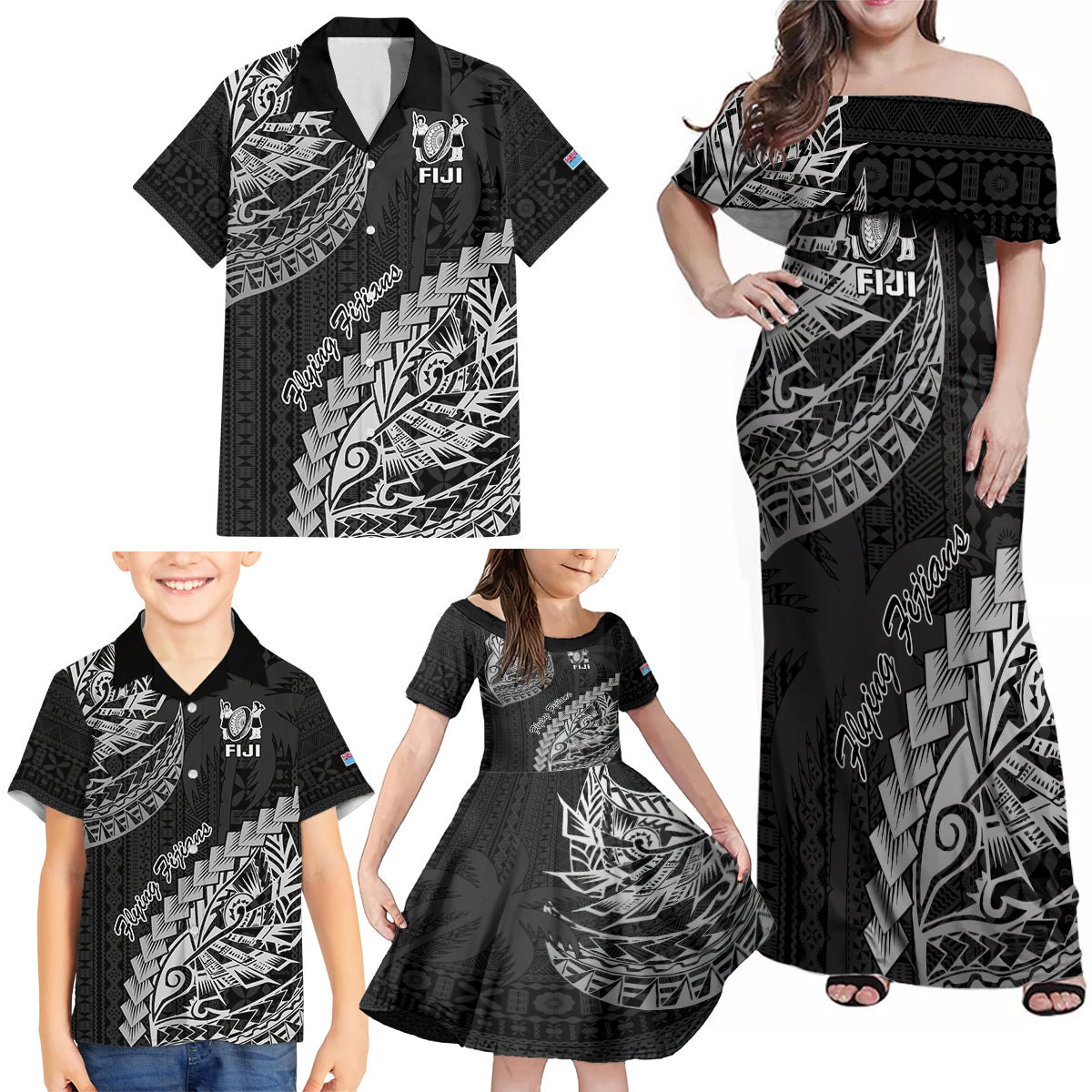 Fiji Rugby Family Matching Off Shoulder Maxi Dress and Hawaiian Shirt Kaiviti Fijian Tribal World Cup Black LT9 - Wonder Print Shop