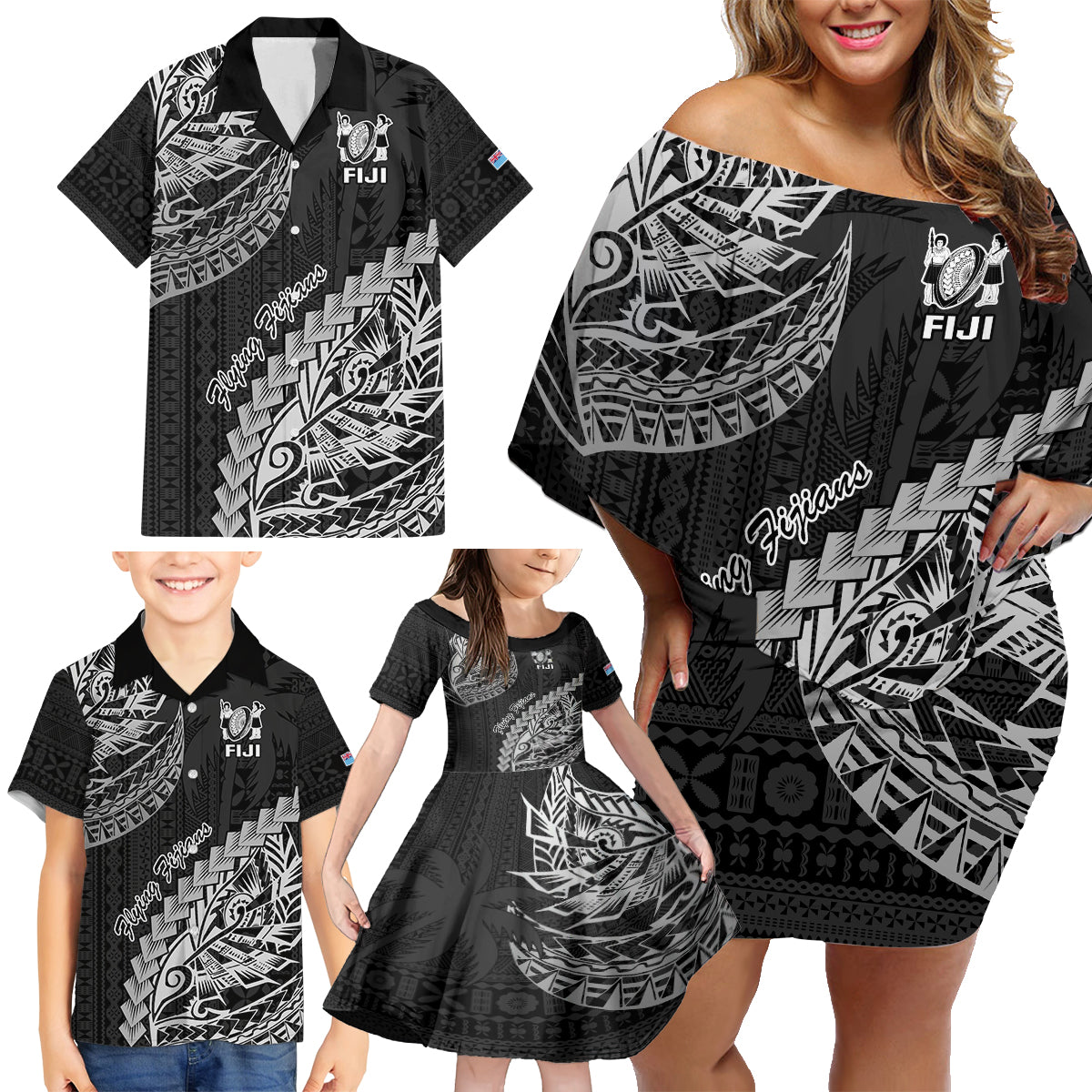 Fiji Rugby Family Matching Off Shoulder Short Dress and Hawaiian Shirt Kaiviti Fijian Tribal World Cup Black LT9 - Wonder Print Shop
