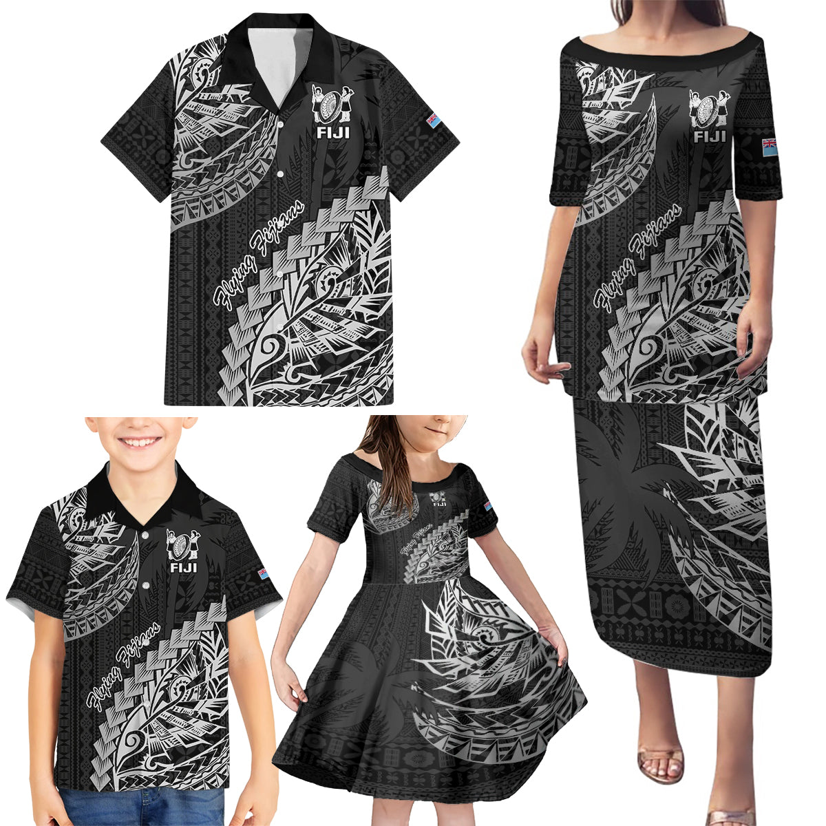 Fiji Rugby Family Matching Puletasi Dress and Hawaiian Shirt Kaiviti Fijian Tribal World Cup Black - Wonder Print Shop