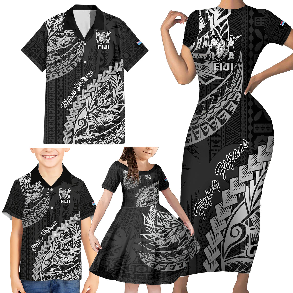 Fiji Rugby Family Matching Short Sleeve Bodycon Dress and Hawaiian Shirt Kaiviti Fijian Tribal World Cup Black - Wonder Print Shop