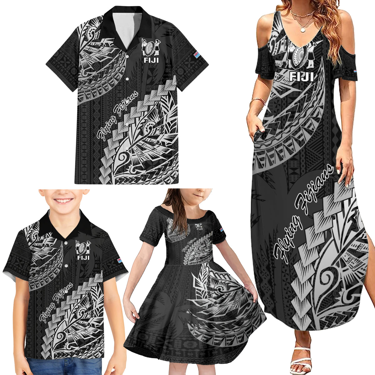 Fiji Rugby Family Matching Summer Maxi Dress and Hawaiian Shirt Kaiviti Fijian Tribal World Cup Black - Wonder Print Shop