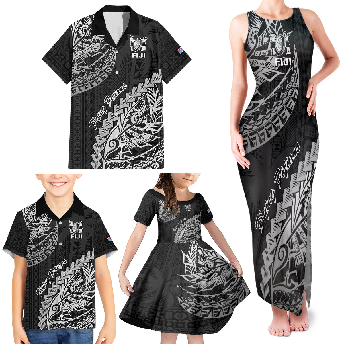 Fiji Rugby Family Matching Tank Maxi Dress and Hawaiian Shirt Kaiviti Fijian Tribal World Cup Black - Wonder Print Shop